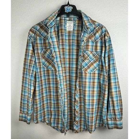 Panhandle Rough Stock XL Blue/Brown Plaid With Paisley Cuff Pearl Snap Shirt - Picture 4 of 8